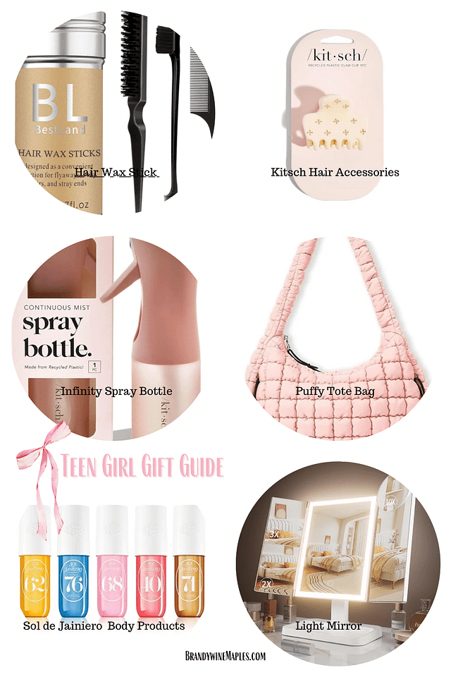 Gift ideas for teen girls: slick hair stick, hair accessories, infinity spray bottle, puffy tote bag, body spray and vanity mirror.