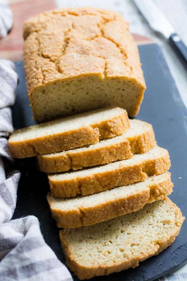 Grain-free bread sliced on a cutting board.